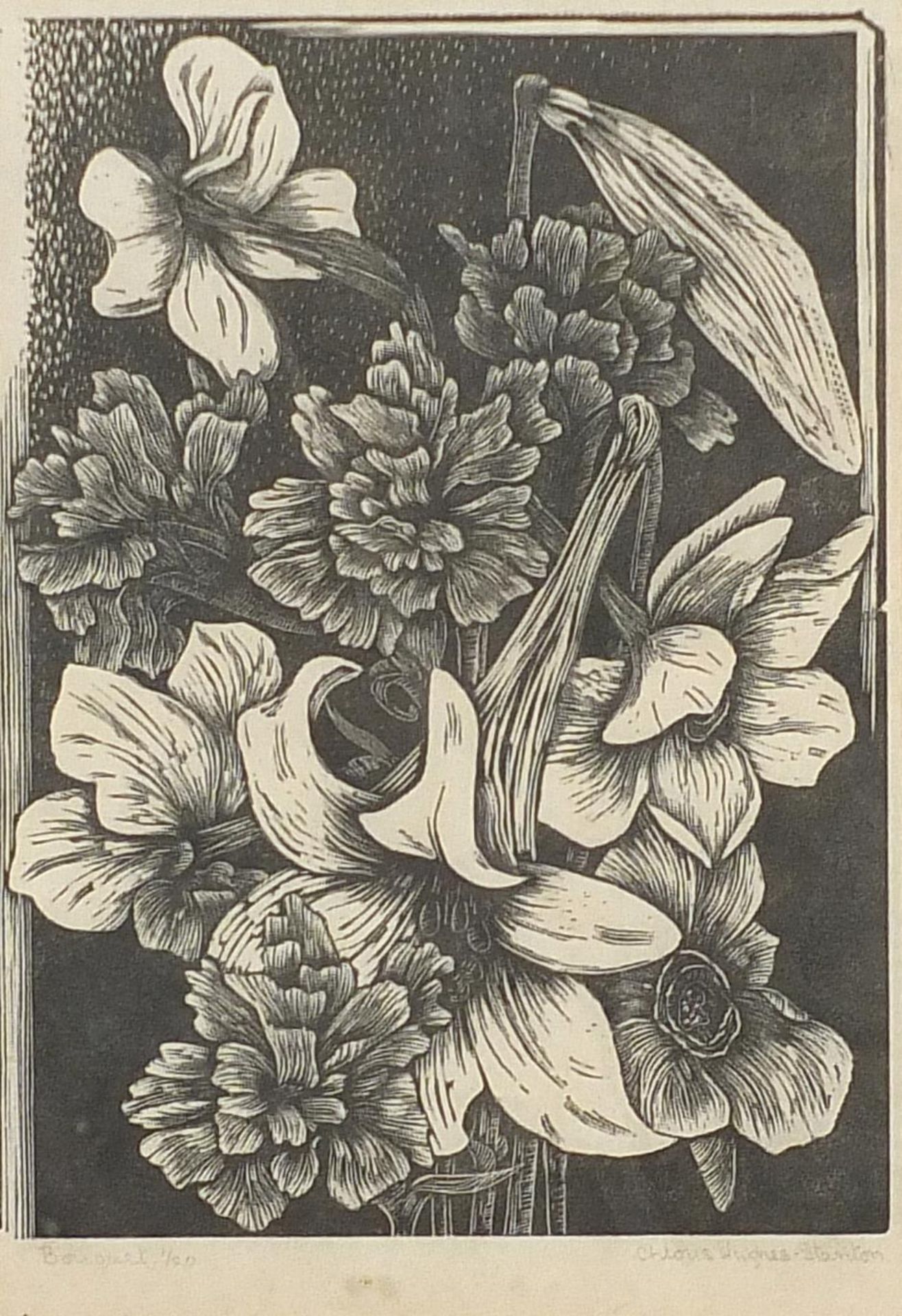 Bouquet of flowers, etching, indistinctly signed, possibly ... Hughes-Stanton?, limited edition 1/