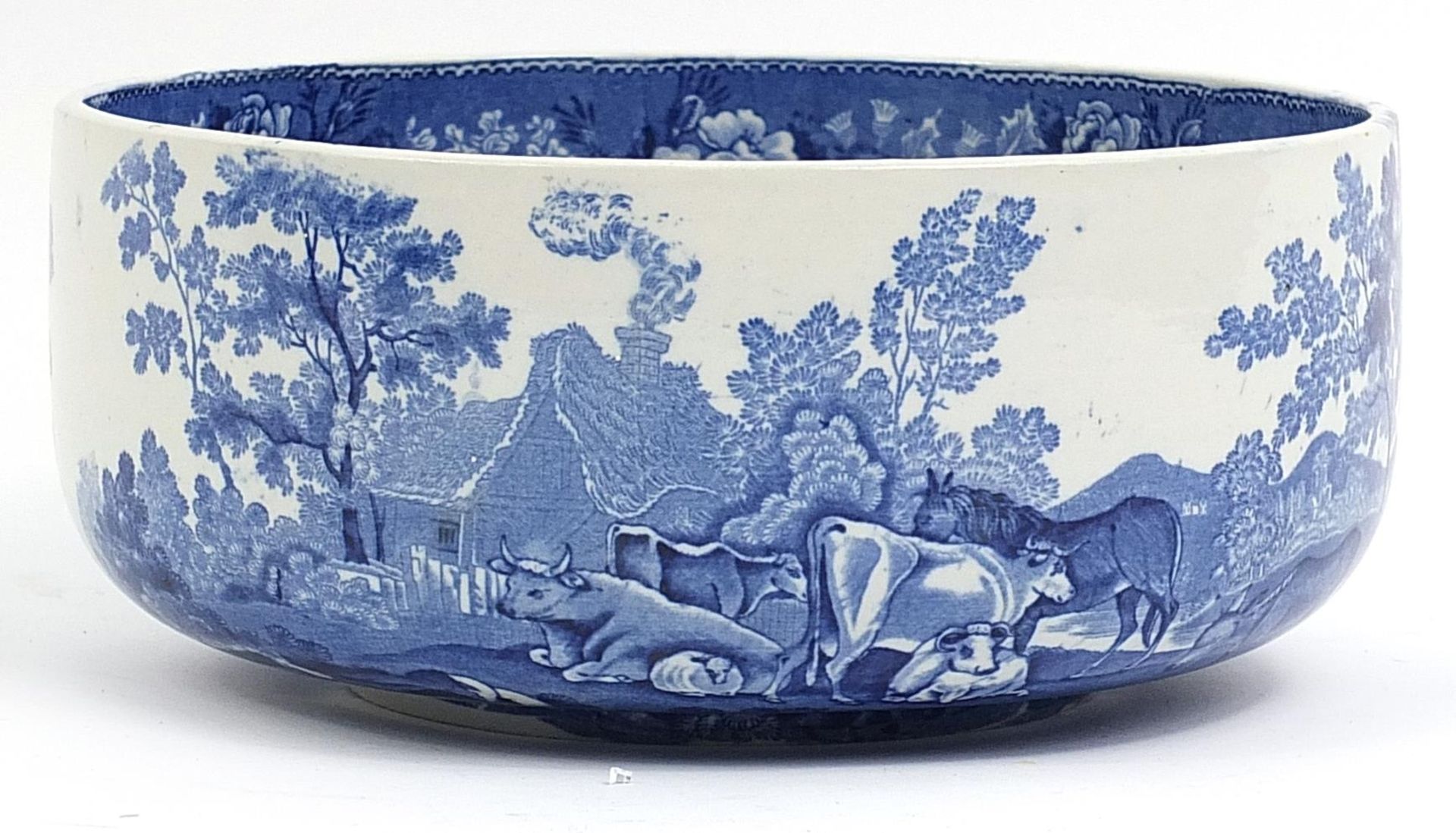 Adams pottery blue and white willow pattern fruit bowl, 24cm in diameter