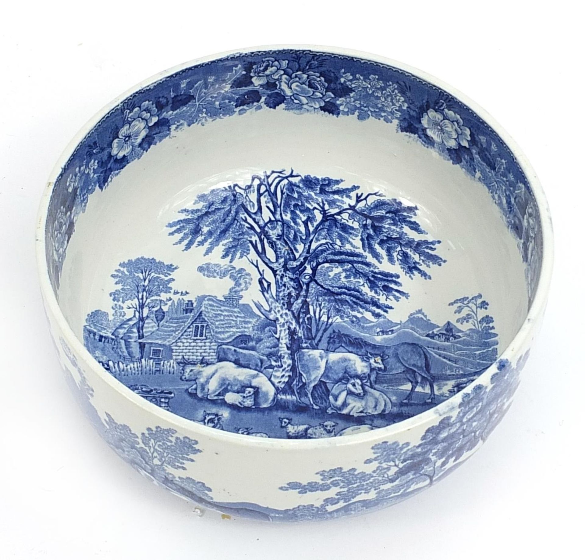 Adams pottery blue and white willow pattern fruit bowl, 24cm in diameter - Image 3 of 5