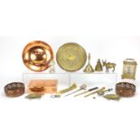 Metalware including copper cigar box, wine coasters, carriage clock and brass objects