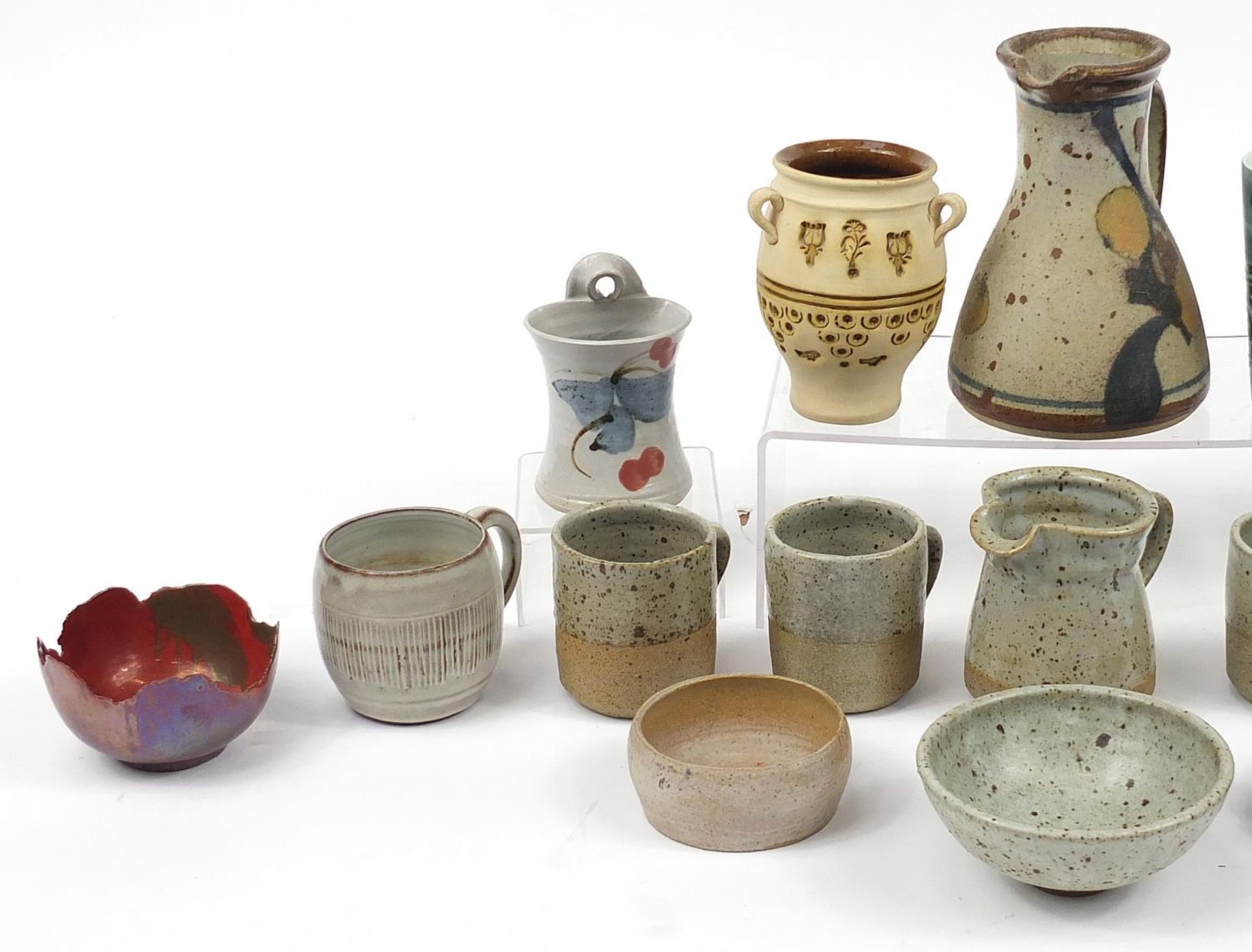 Studio pottery including vases, jugs and mugs, the largest 18cm high - Image 2 of 5