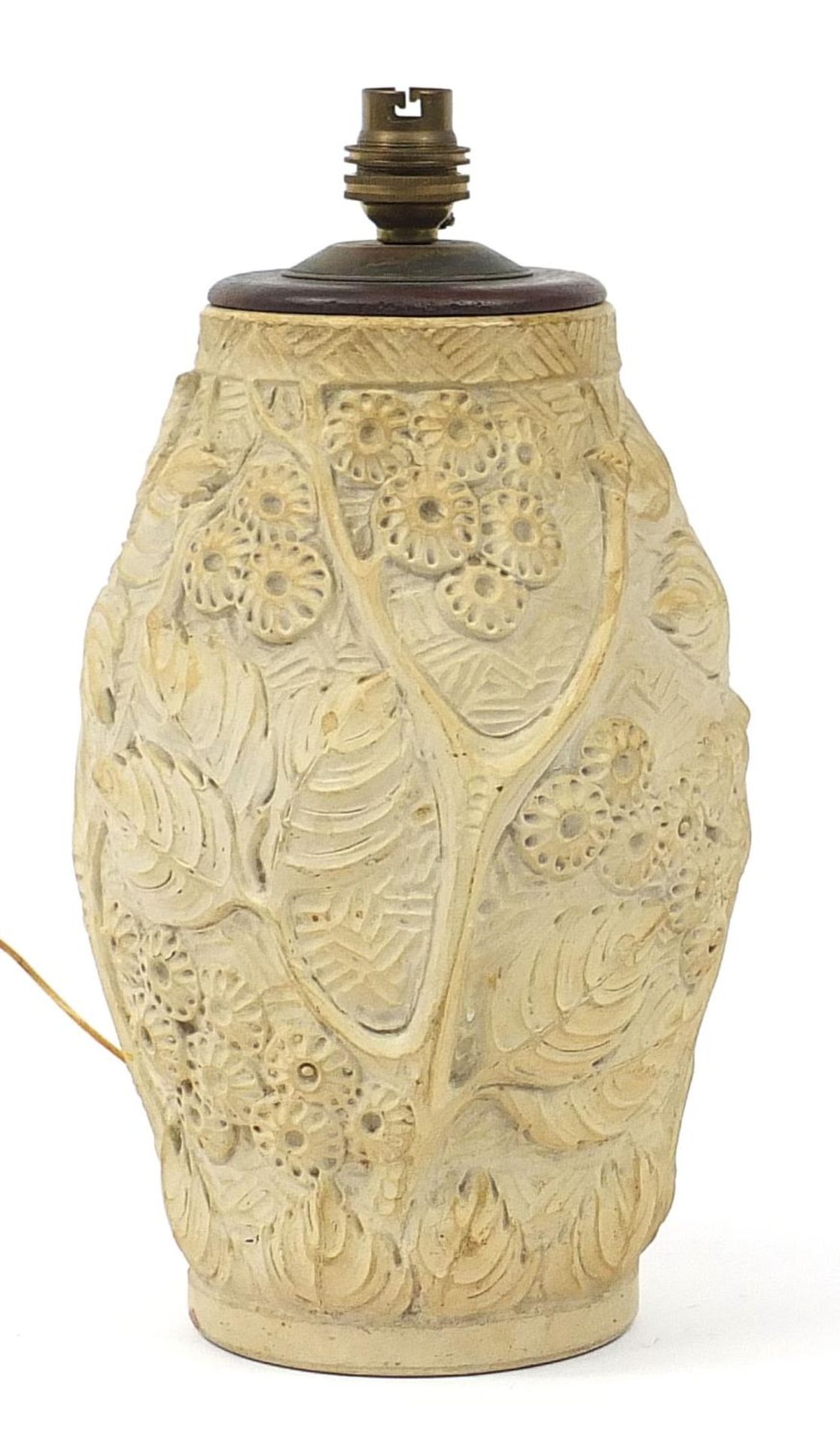 19th century salt glazed pottery table lamp, 30cm high