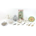 Quantity of cake stands and slices including boxed Teatime Collection, cardboard birdcage stand,