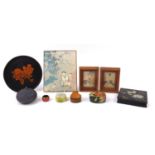 Wooden and lacquered objects including a Victorian papier mache box and cover and vintage design