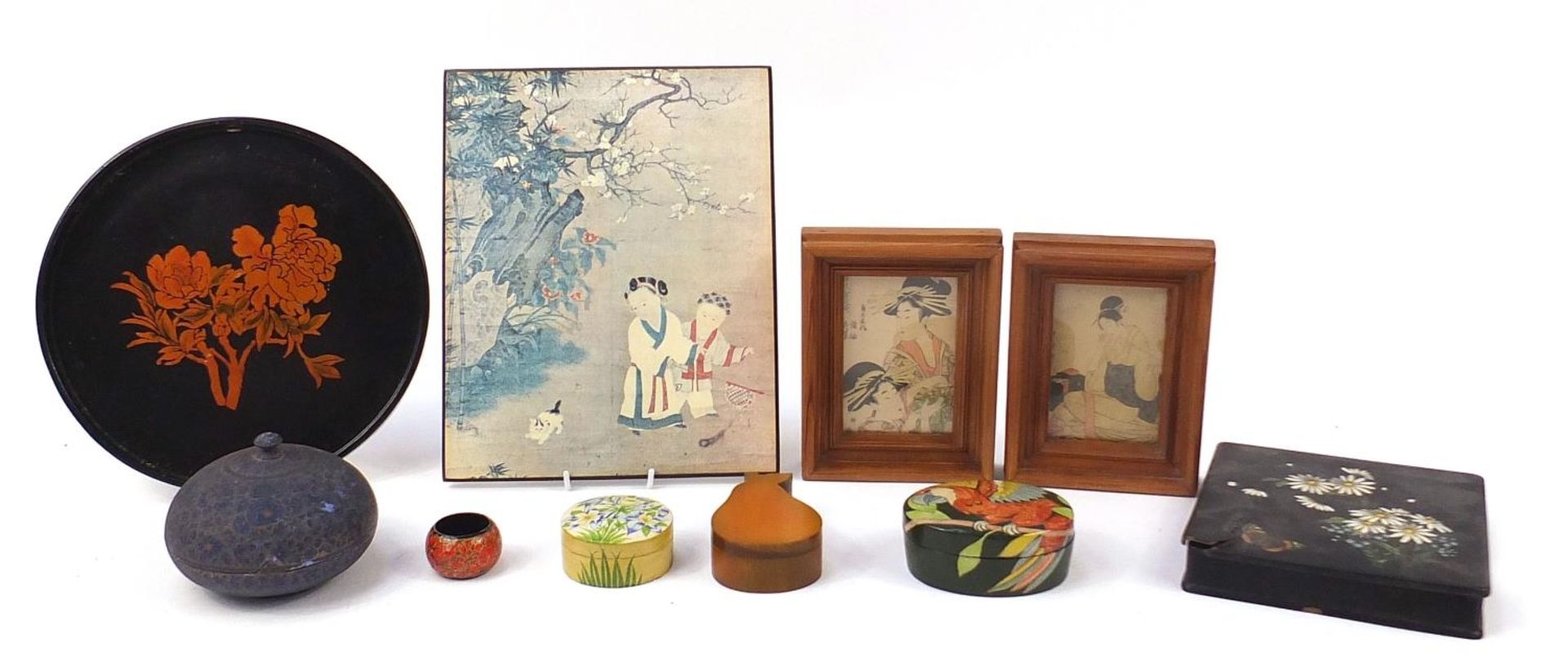 Wooden and lacquered objects including a Victorian papier mache box and cover and vintage design