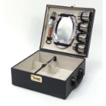 Stainless steel drinking set housed in a black leather fitted case, 33cm high