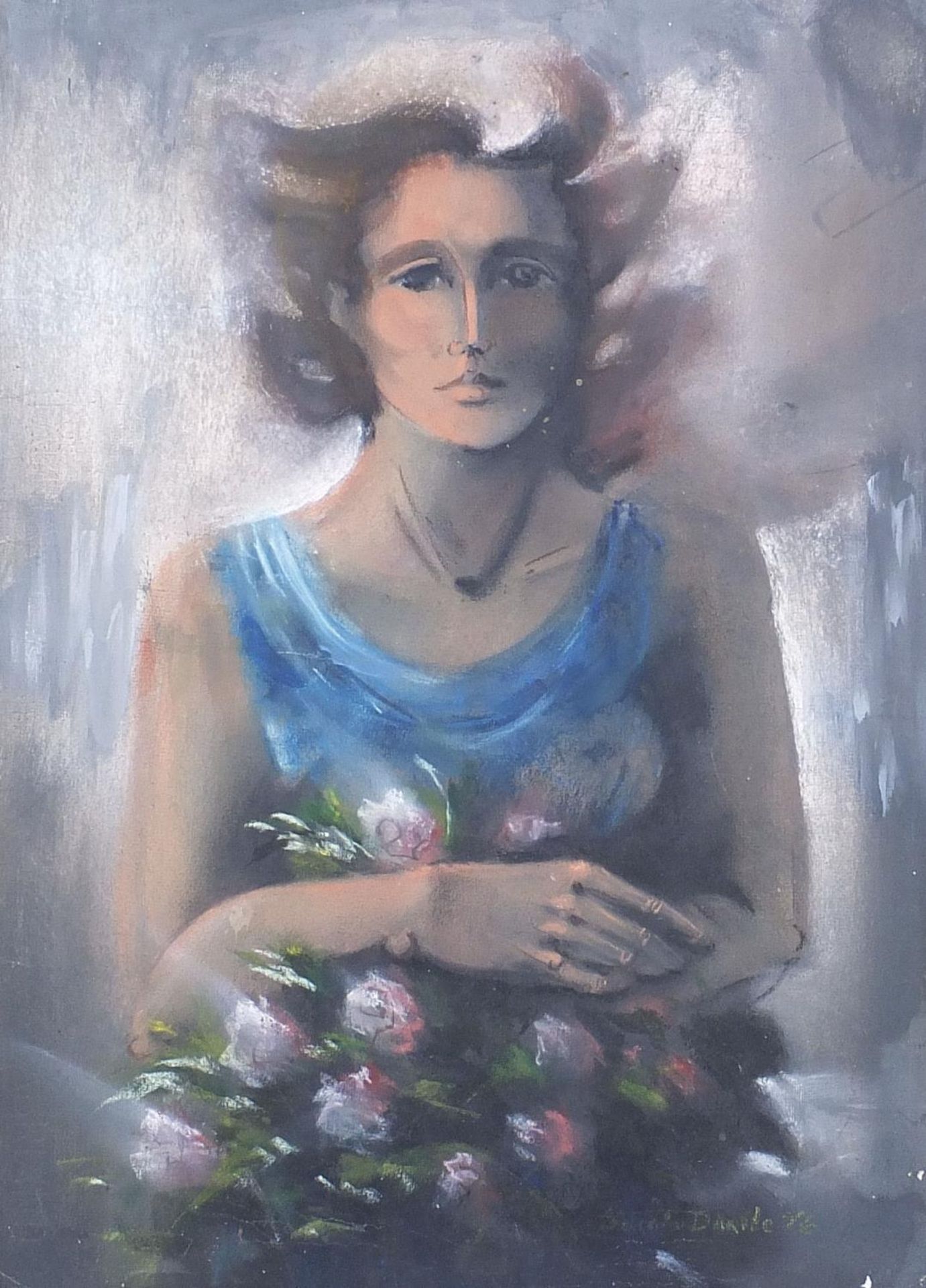 Female holding flowers, chalk, indistinctly signed, unframed, 50cm x 35.5cm