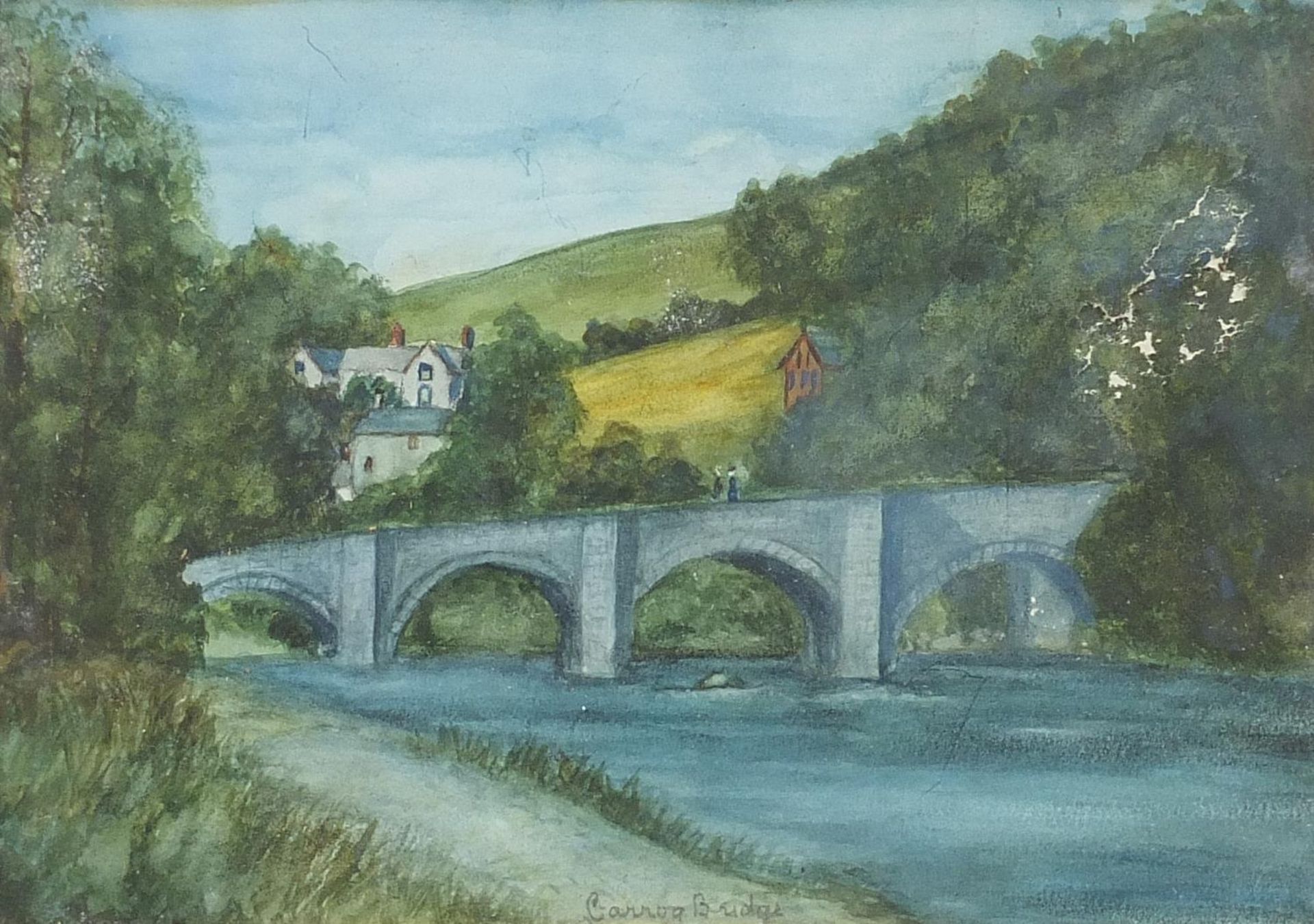 Landscape and two figures on bridge, pair of watercolours, mounted, framed and glazed, 24.5cm x 17cm - Bild 5 aus 8