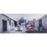 Italian Job style Minis and buildings, large retro print on canvas, 122cm x 50cm