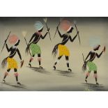 J.N Mlugua - Abstract composition, tribal warriors, contemporary oil on canvas, framed, 40cm x 29cm