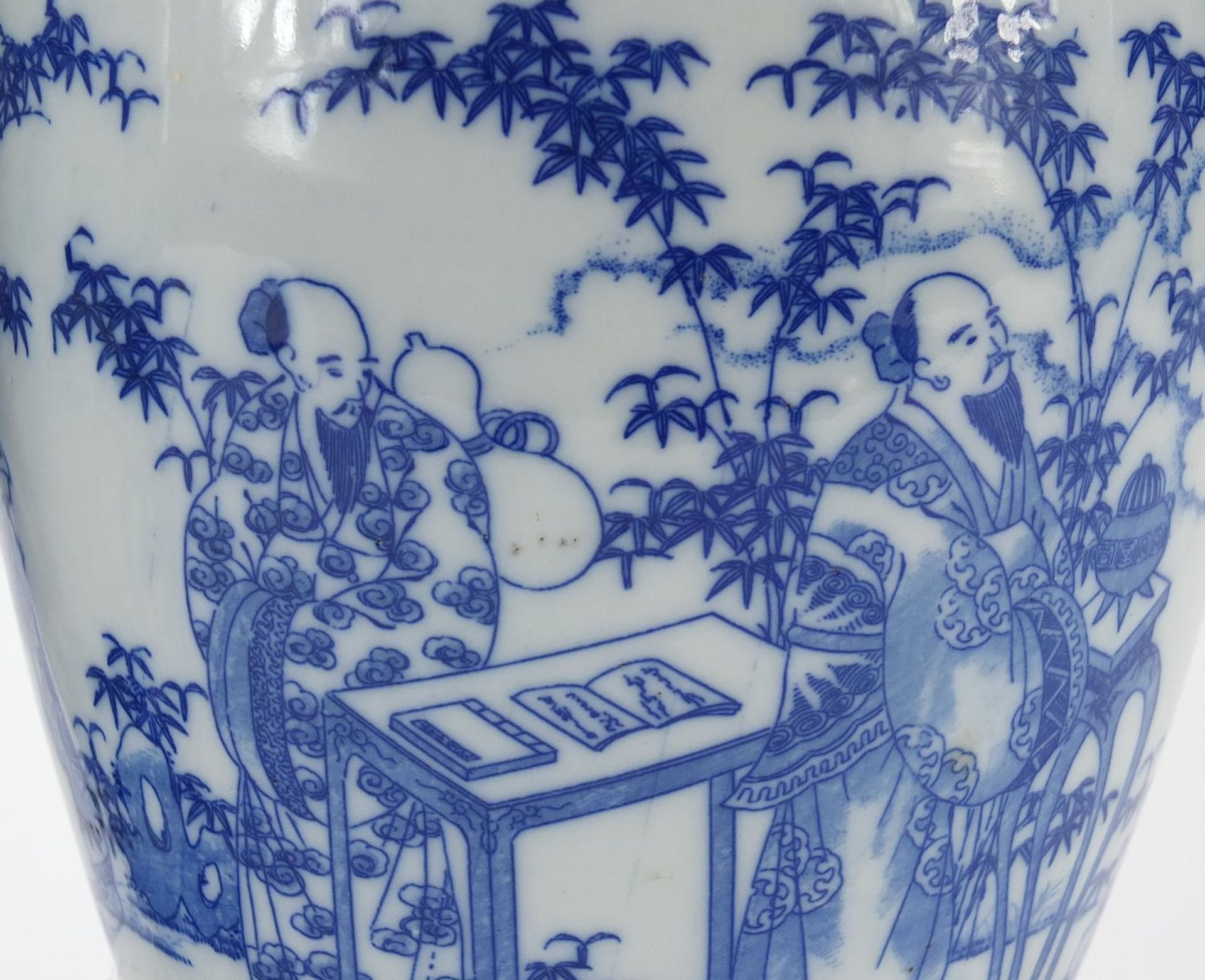 Pair of Japanese blue and white porcelain vases, each decorated with scholars in a landscape, - Image 2 of 9