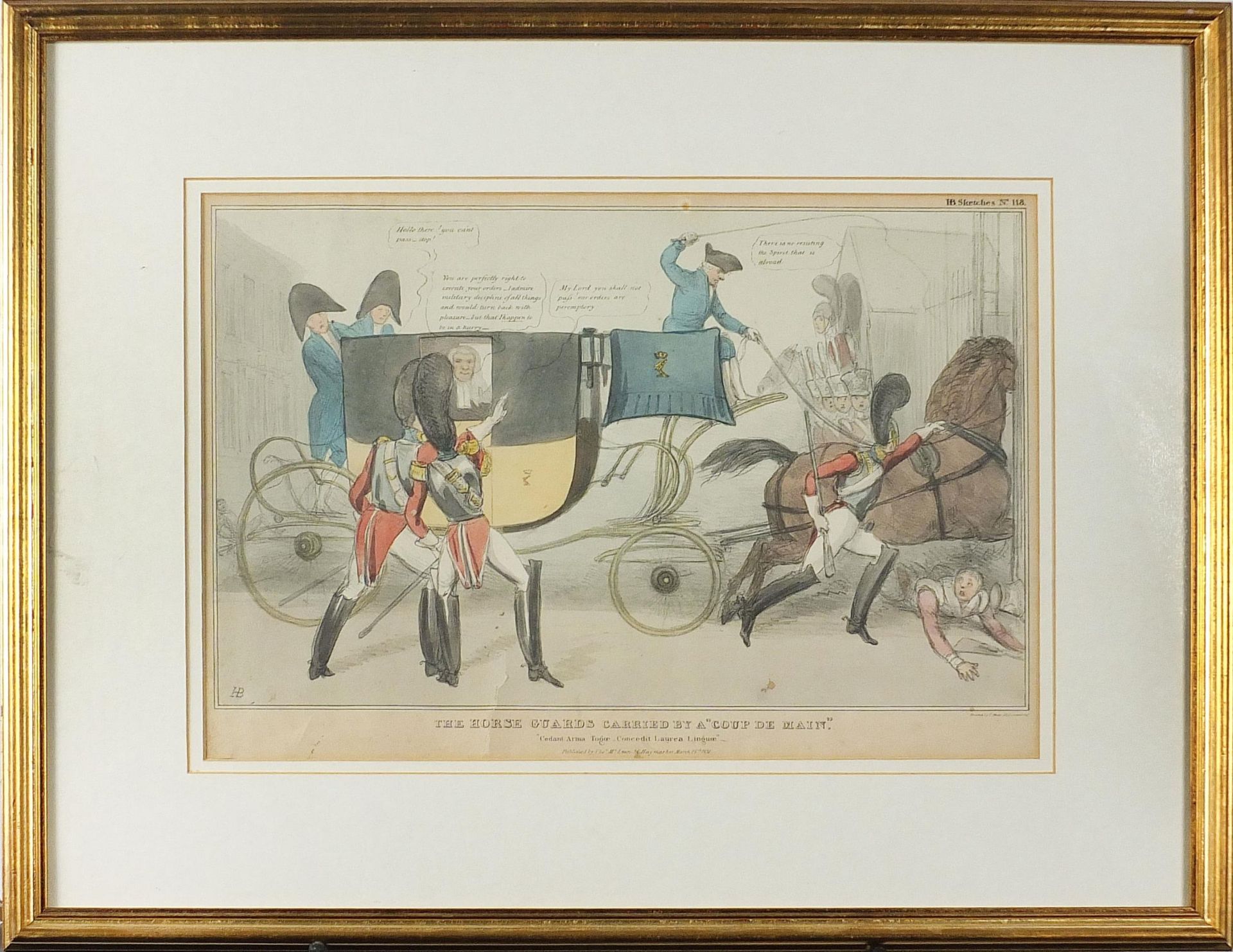 The Horse Guards carried by a 'coup de main', 19th century satirical print in colour, mounted, - Bild 2 aus 7