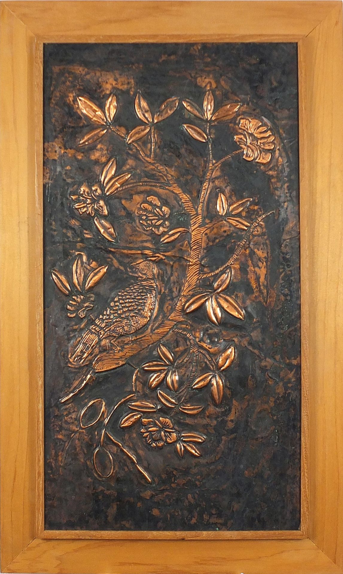 Arts & Crafts style embossed metal plaque, framed, 57cm x 30cm excluding the frame - Image 2 of 3