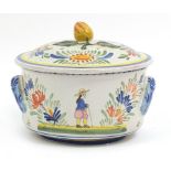 Large French Quimper faience pot and cover hand painted with traditional flowers and figure, with