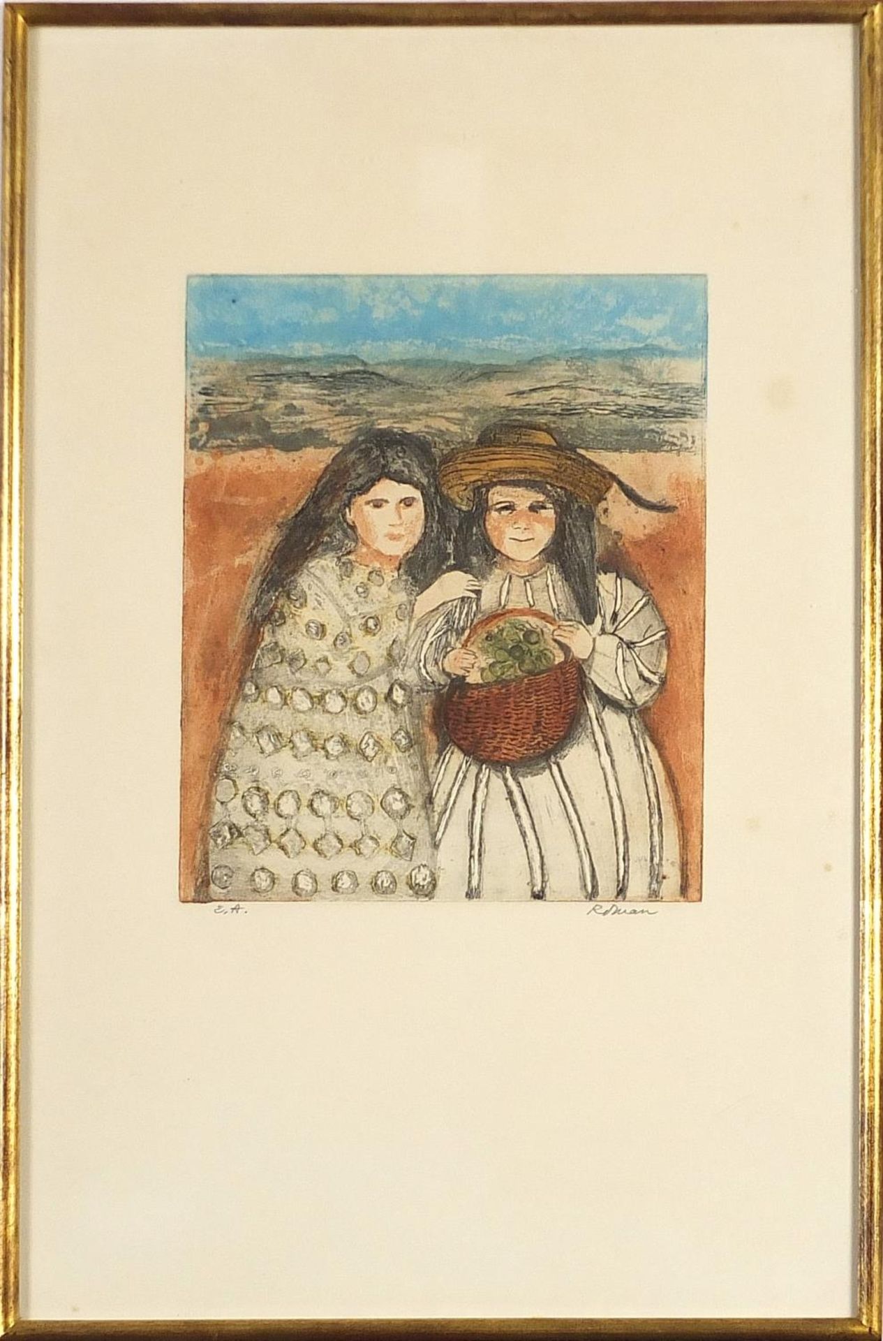 Edith Roman - Two girls, pencil signed etching in colour, framed and glazed, 49cm x 32cm excluding - Image 2 of 7