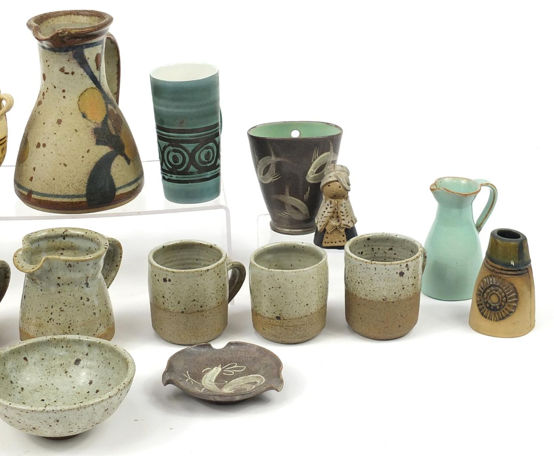 Studio pottery including vases, jugs and mugs, the largest 18cm high - Image 3 of 5