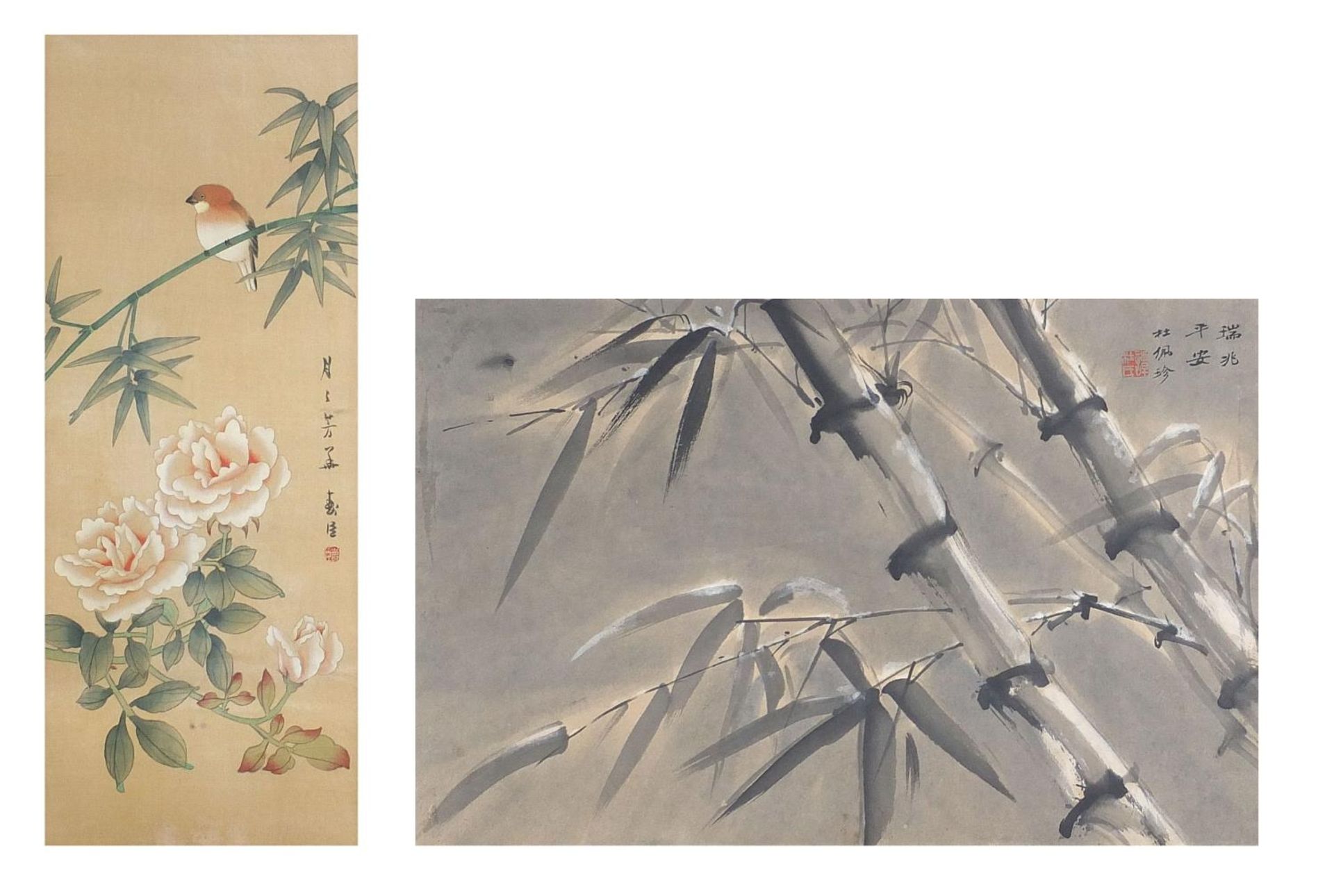 Bamboo groves and bird of paradise amongst flowers, two Chinese watercolours on silks, each with