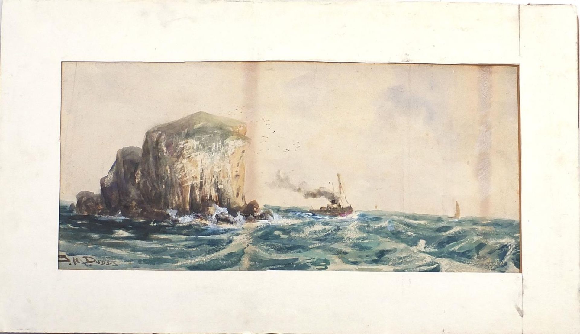 Boat on stormy seas, watercolour, signed J M Dodds, mounted, unframed, 50.5cm x 23cm excluding the - Image 2 of 6