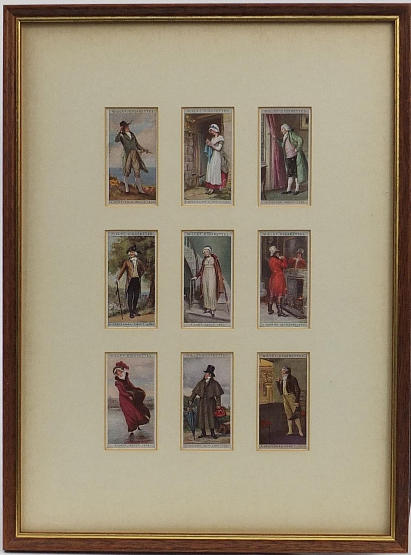 Framed Wills Cigarette cards -English period costumes housed in back and front glass frames, each
