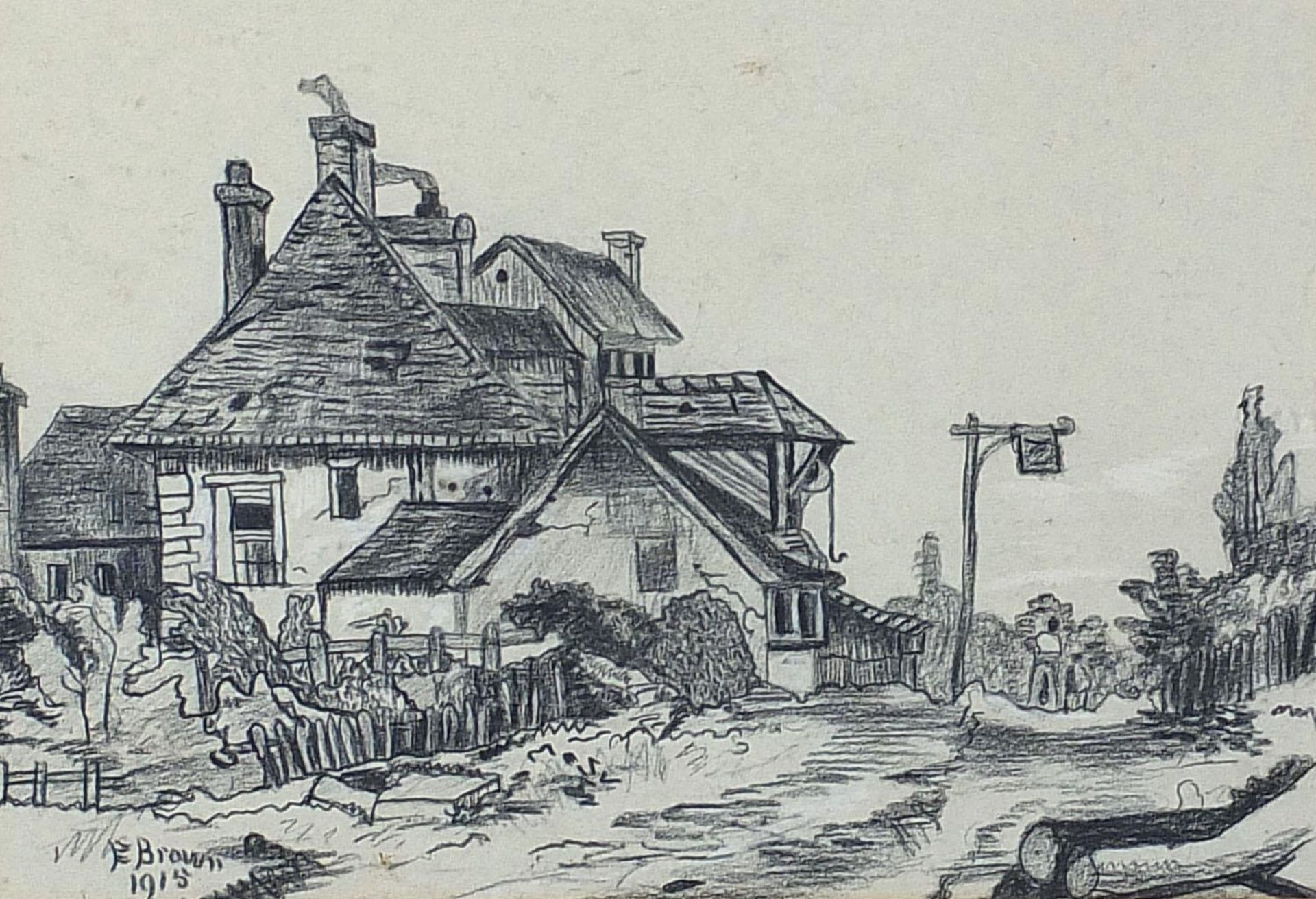 E Brown 1915 - House beside a path, early 20th century heightened pencil sketch, Wilfrid Coates