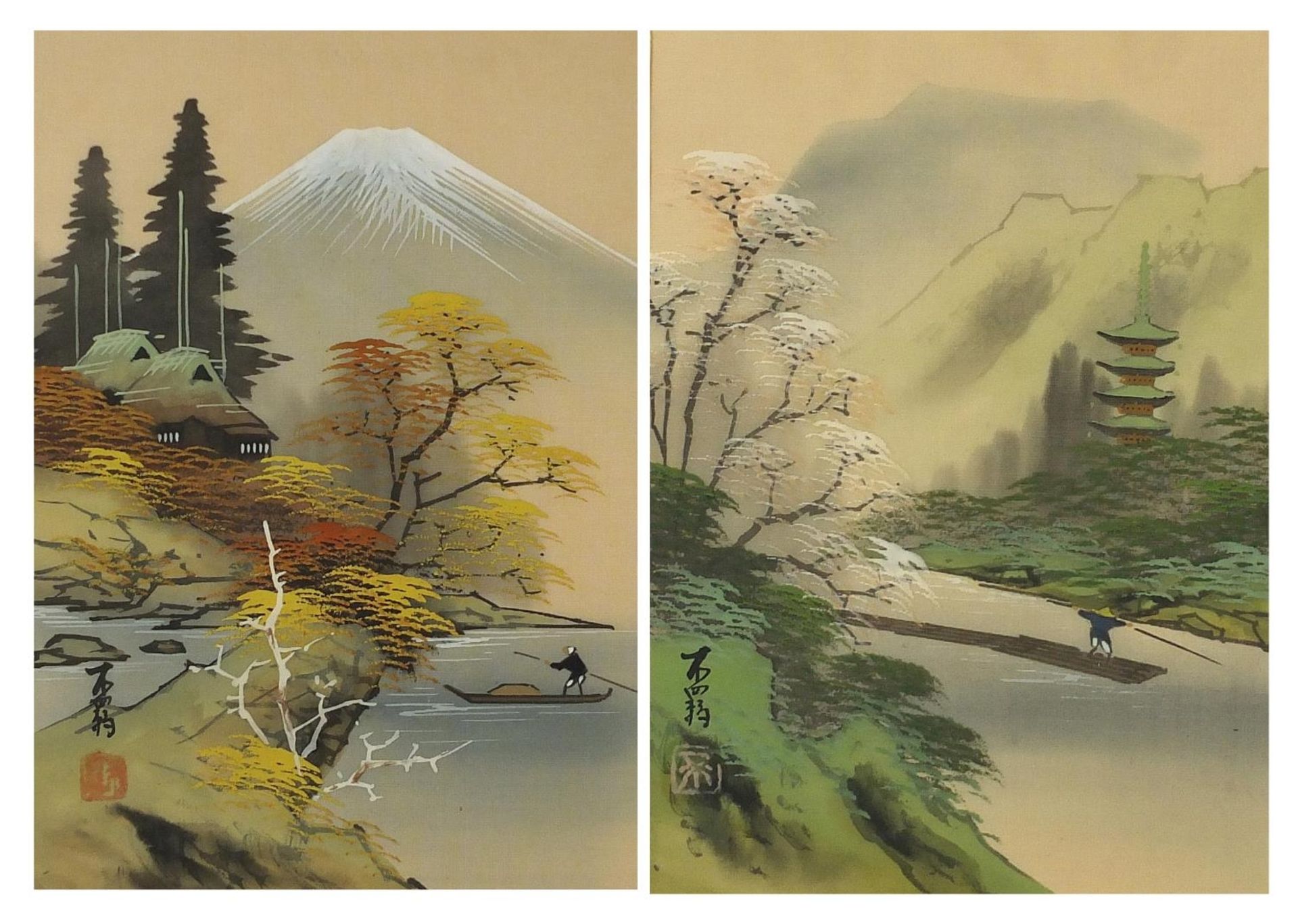 Rivers before mountains, pair of Chinese watercolours on silk with character marks and red seal