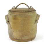 Large stoneware flour jar and cover with twin handles, 31cm high