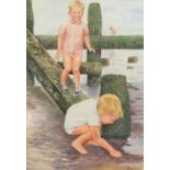 Manner of Dorothea Sharp - Two boys on a beach, watercolour, mounted, framed and glazed, 43cm x 29cm