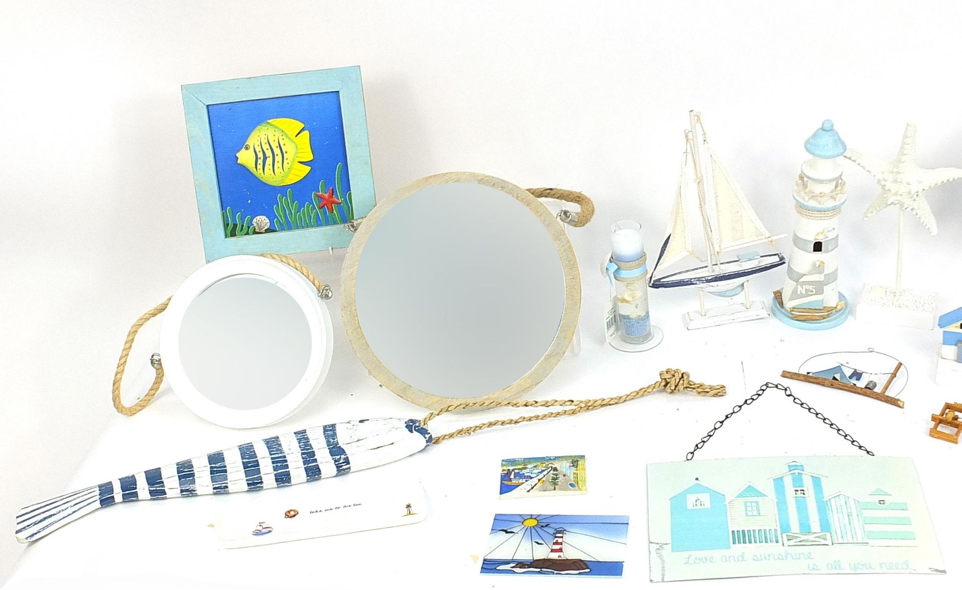 Selection of seaside wooden souvenirs including starfish, lighthouse, fish, mirrors, money boxes and - Image 2 of 3