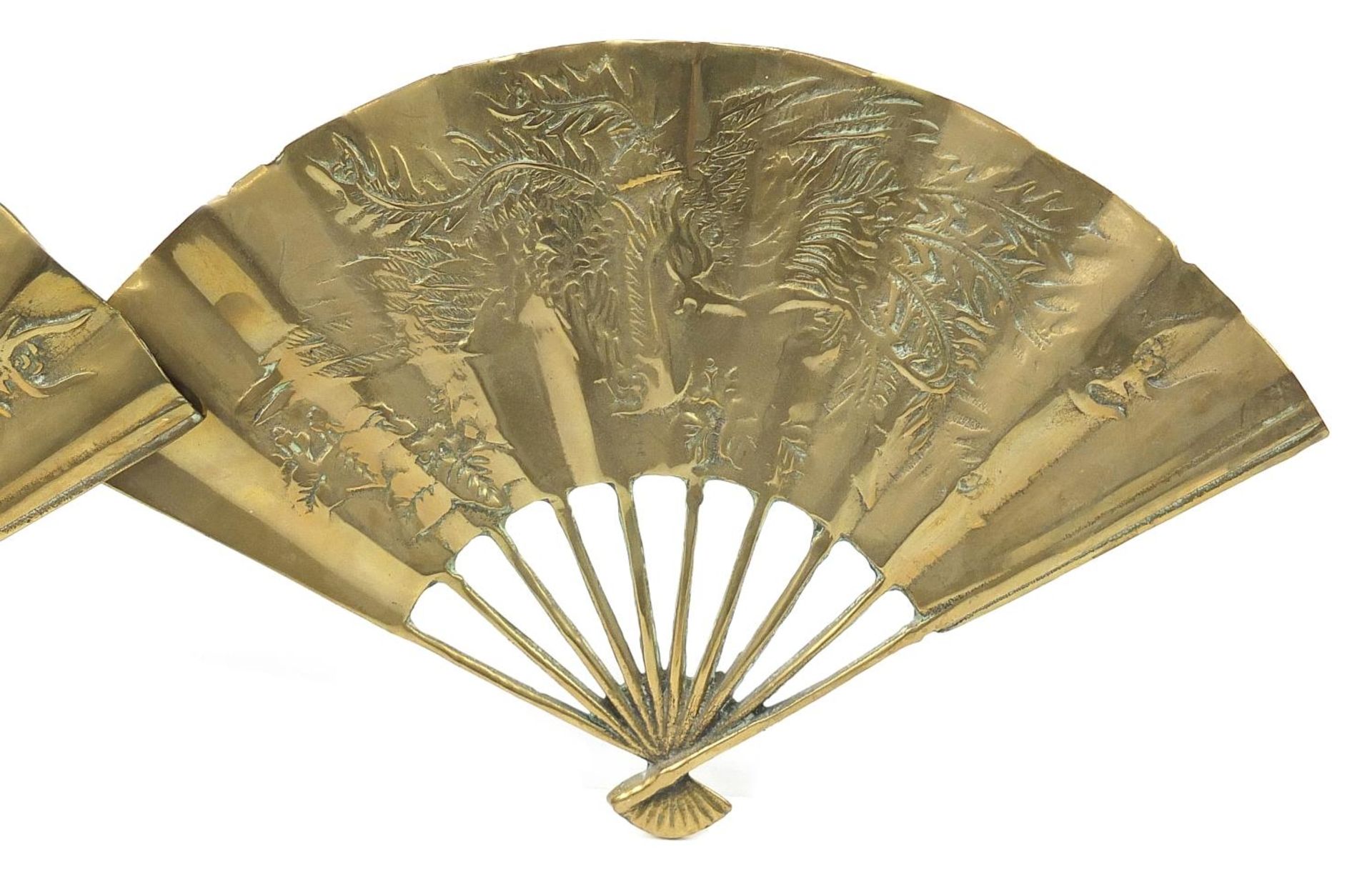Pair of Chinese brass fans decorated with a bird of paradise, 18cm wide - Image 3 of 4