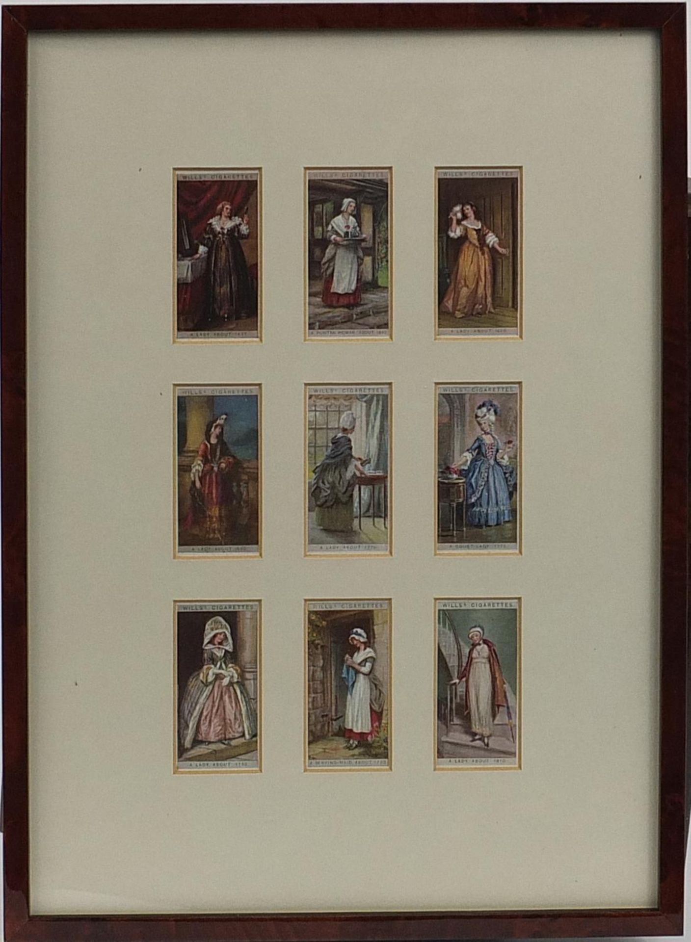 Framed Wills Cigarette cards -English period costumes housed in back and front glass frames, each - Image 5 of 7