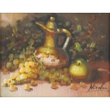 Nicolau? - Still life grapes, ewer and fruit, oil on canvas, framed, 23cm x 18cm