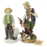 Capodimonte figure of a farmer with his dog and one other, the largest 29cm high