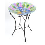 Hand painted glass top peacock table on metal stand, 50cm high x 35cm in diameter