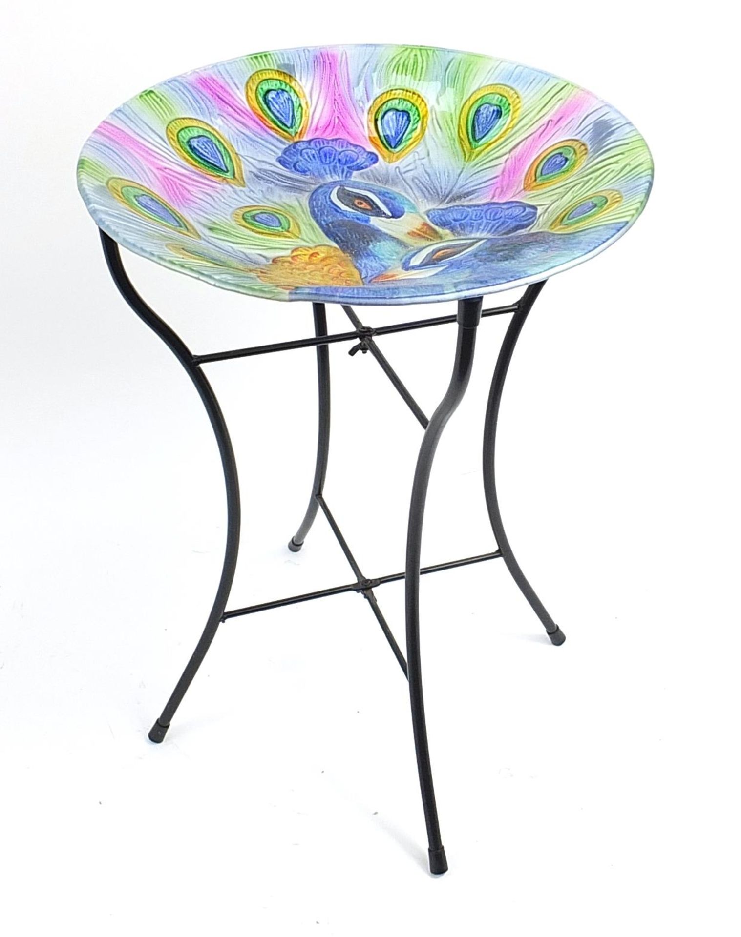 Hand painted glass top peacock table on metal stand, 50cm high x 35cm in diameter