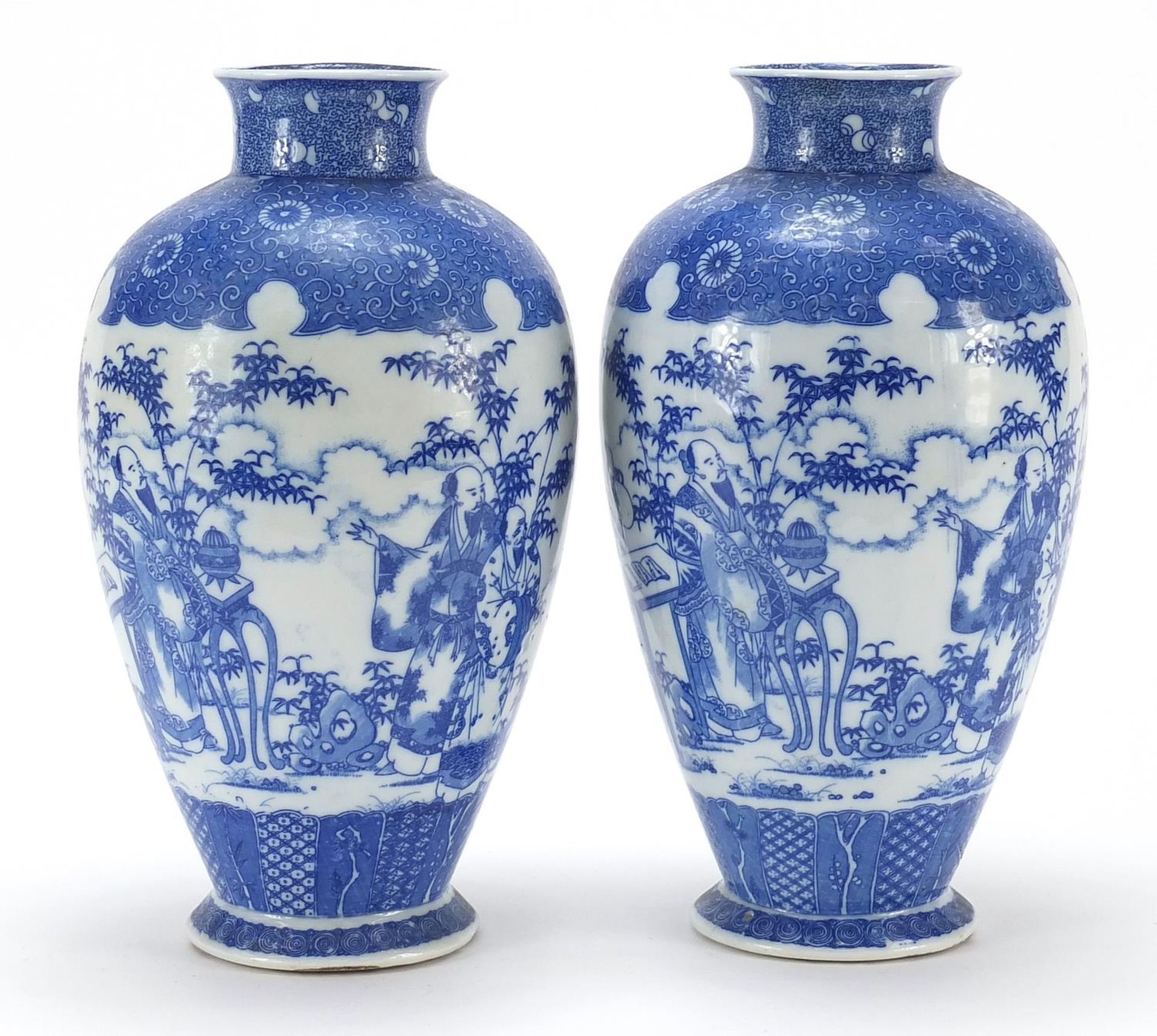 Pair of Japanese blue and white porcelain vases, each decorated with scholars in a landscape, - Image 3 of 9