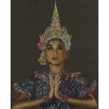 Large needlepoint tapestry of a Thai female, mounted, framed and glazed, 97cm x 68cm excluding the