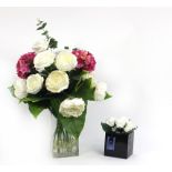 Glass vase artificial flower display of peonies and hydrangeas together with Fox & Ivy roses in a