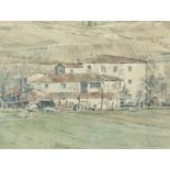 Nicholas Cochrane - Buildings before hills, 20th century watercolour, mounted, framed and glazed,