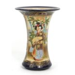 Japanese Satsuma pottery vase hand painted with Geisha girl and flowers, gold character mark to