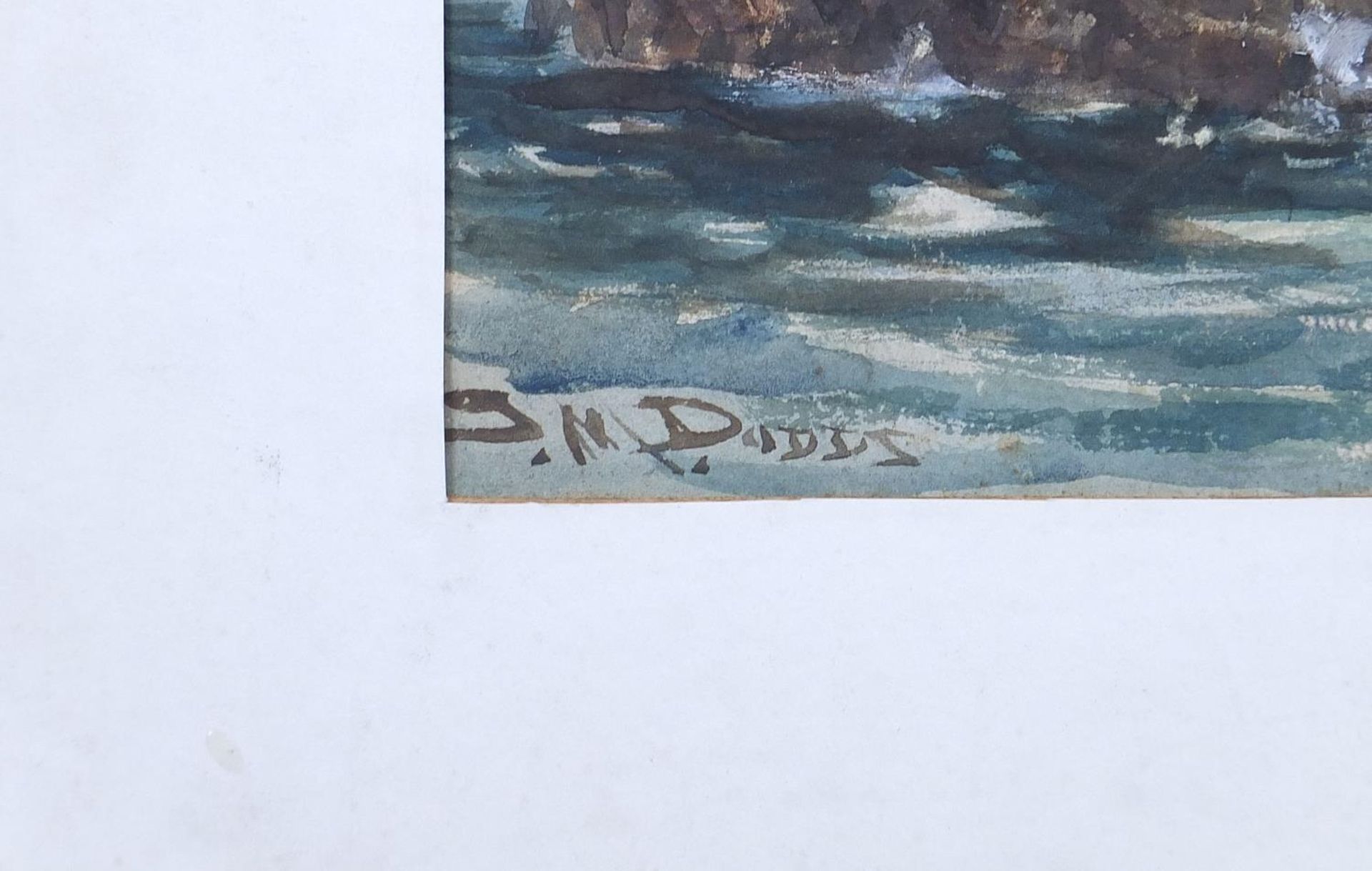 Boat on stormy seas, watercolour, signed J M Dodds, mounted, unframed, 50.5cm x 23cm excluding the - Image 3 of 6