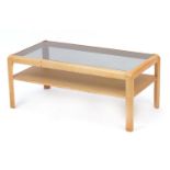 Rectangular teak coffee table with glass top and under tier, 36cm H x 86cm W x 42cm D