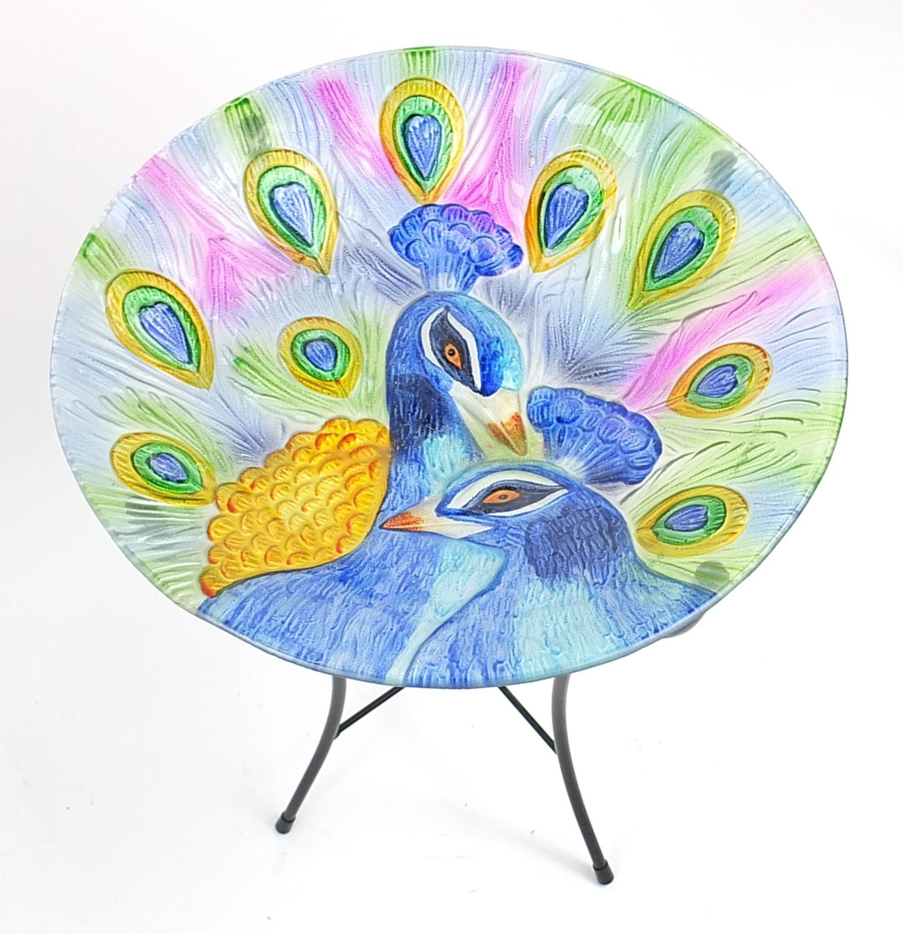 Hand painted glass top peacock table on metal stand, 50cm high x 35cm in diameter - Image 2 of 3