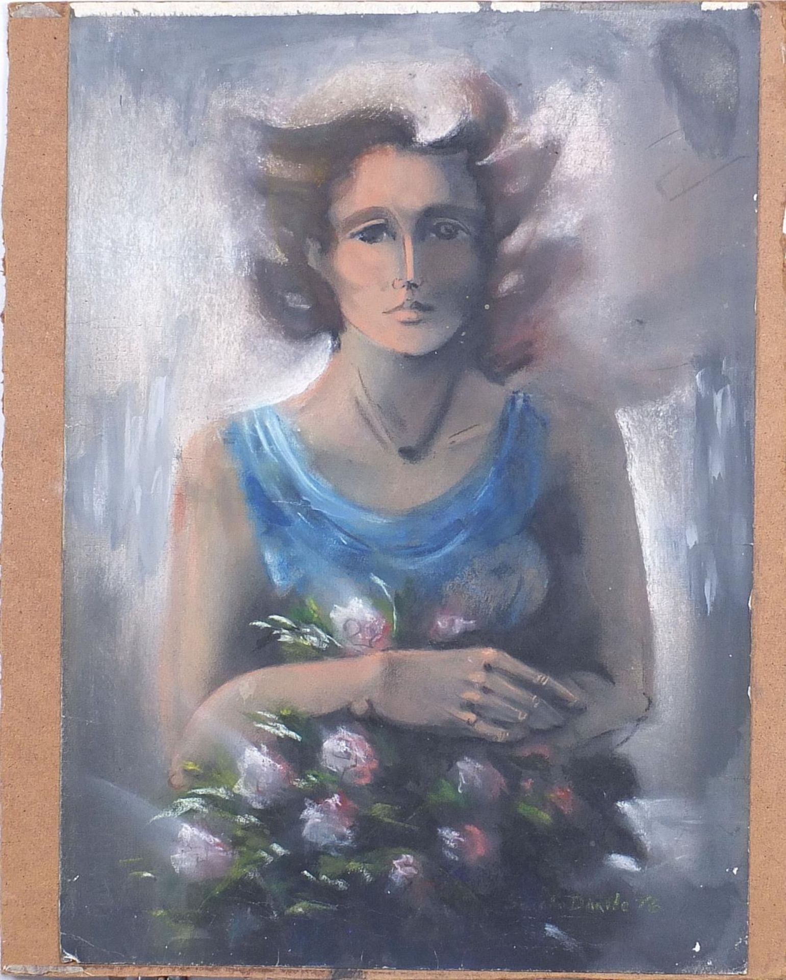 Female holding flowers, chalk, indistinctly signed, unframed, 50cm x 35.5cm - Image 2 of 4