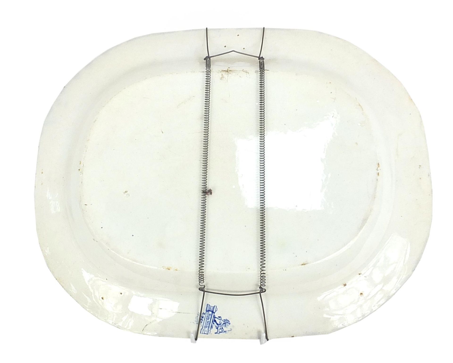 Large Victorian C P & Co blue and white willow pattern pottery meat plate, 44cm x 35cm - Image 2 of 2