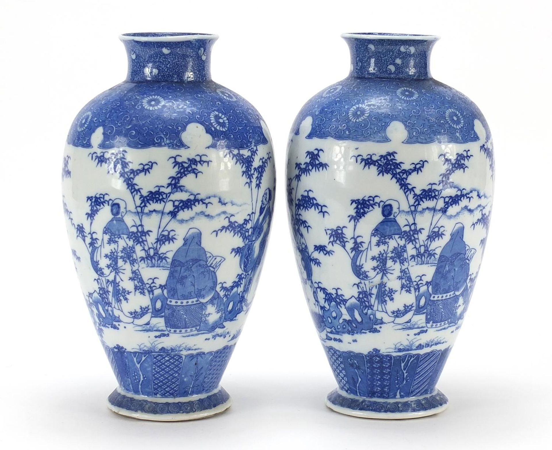 Pair of Japanese blue and white porcelain vases, each decorated with scholars in a landscape, - Image 5 of 9