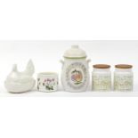 Porcelain and pottery kitchen storage containers including a West Germany Rumtopf and Portmeirion