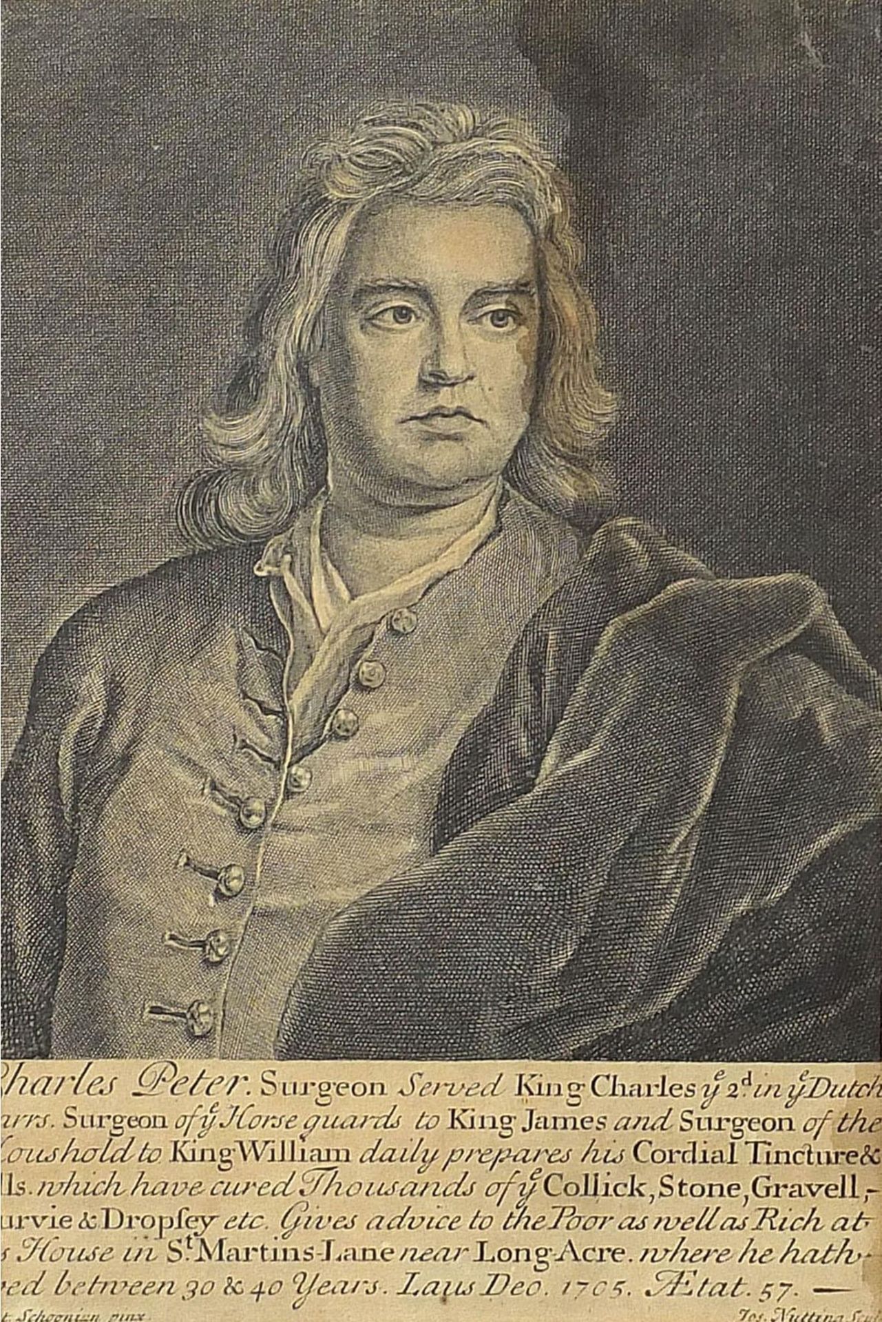 Charles Peter, Surgeon to King Charles II, King James II and King William III, antique engraving,