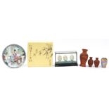 Selection of Japanese ceramics including pottery vases, cased eggs and boxed plate, the largest