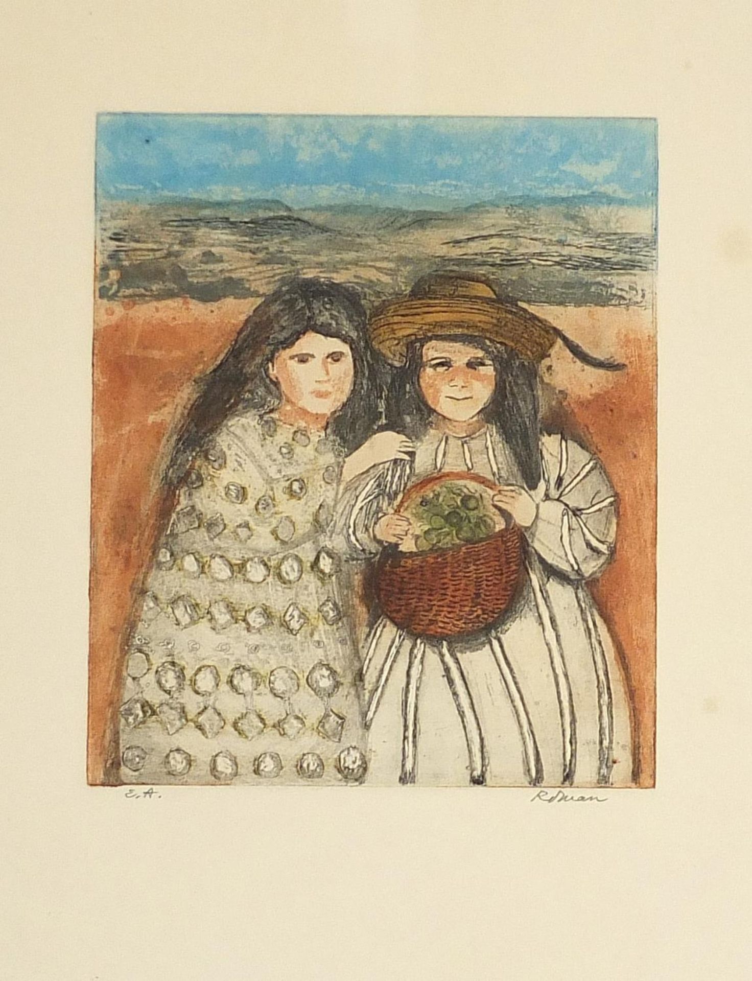 Edith Roman - Two girls, pencil signed etching in colour, framed and glazed, 49cm x 32cm excluding