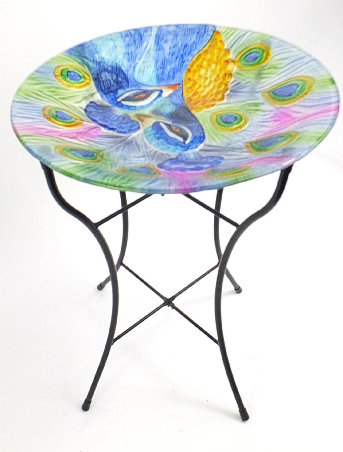 Hand painted glass top peacock table on metal stand, 50cm high x 35cm in diameter - Image 3 of 3